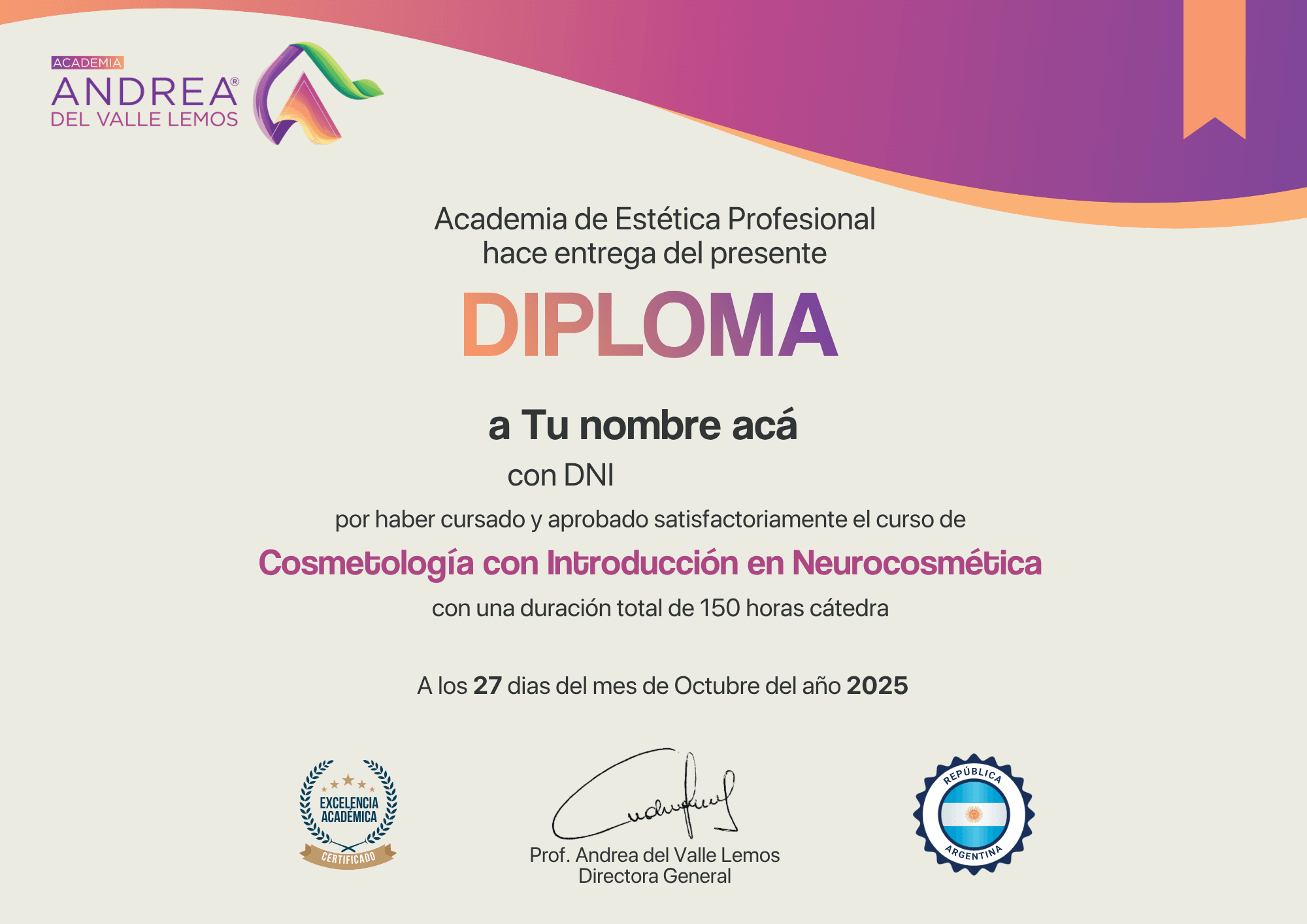 Certificado avalado por F.A.C.C.E de la Academia Andrea Lemos